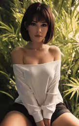 a woman sitting on the ground with a shirt over her shoulders