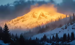 this mountain range is surrounded by snow covered trees