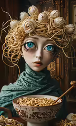the surrealist has drawn images of flowers in her hair
