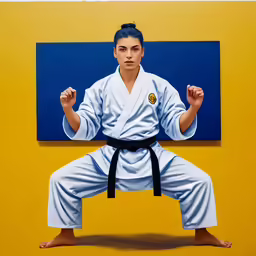 a painting of a woman wearing a white karate outfit