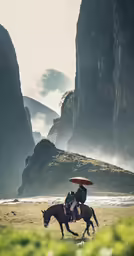 a man sitting on top of a horse in front of a cliff