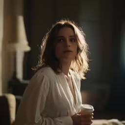 a woman is sitting on the couch holding a cup