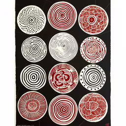eight circles in different sizes with white background,eight circles of red and white paper with circles on them