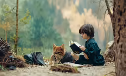 a child is reading a book while a dog stands near