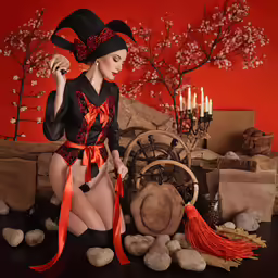 a woman in a black dress with orange ribbon and costume