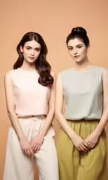 two women standing next to each other wearing different colored clothes