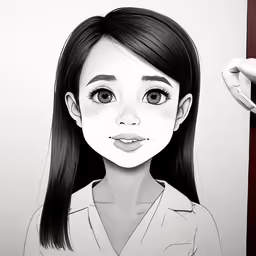 a girl with dark hair, brown eyes and big round nose, is standing with long black hair she has an object to her right side