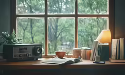 the table is sitting beside a large window with books on it