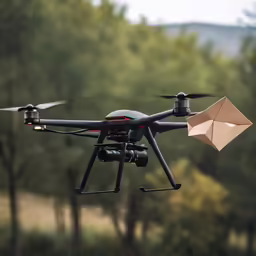 an open cardboard box flies away from a black quadcopter