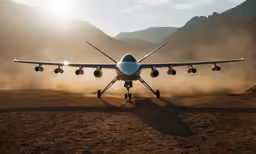 an airplane landing on the runway with dust behind it