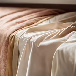 there is an unmade bed that has two covers