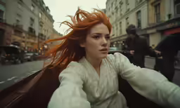 a woman riding a motorcycle down a city street