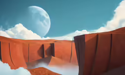 an alien landscape with clouds, red rock formations and a giant moon