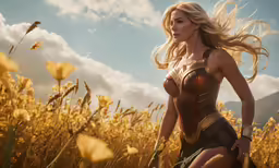 a woman in costume walking through tall grass