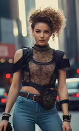 a woman with curly hair is standing on the street