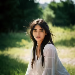 a girl posing for a photograph in the grass