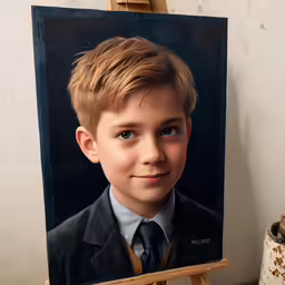a young boy with blond hair is shown next to a painting