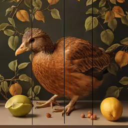 a bird in front of a painting of fruit and leaves