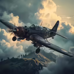 an airplane flying over some clouds and trees