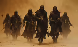several knights riding through a dust filled field