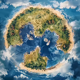 a computer generated map of the ocean with an island