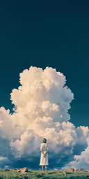 a person stands under some clouds with one arm extended