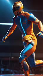 a guy in a full body football uniform with goggles and gloves,a futuristic athlete running with protective gear on