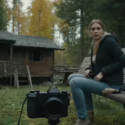 a girl sits on a bench in a forrest with an old cabin in the background