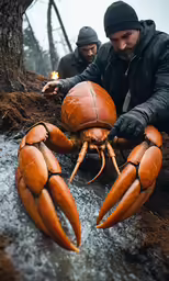 two guys are working on something big crab
