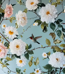 flowers and birds are all flying together on a blue wall
