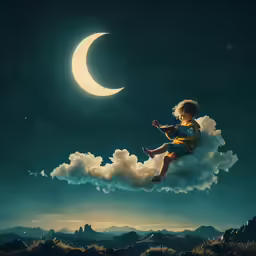 child sitting on cloud playing guitar under the moon
