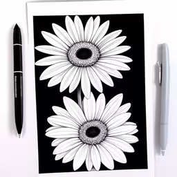 black and white daisies on a black background,a black and white illustration of two sunflowers