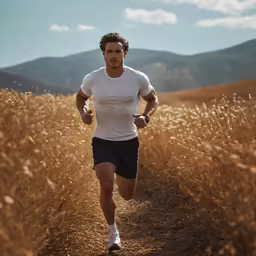 a man running across a trail with dry grass