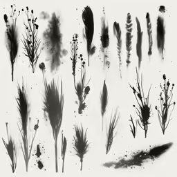 an arrangement of black and white plants, flowers and feathers