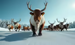 a herd of deer walking across a snow covered ground