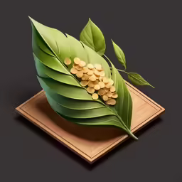a leaf and seeds on a wooden tray