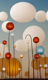 a painting with balloons flying above a field