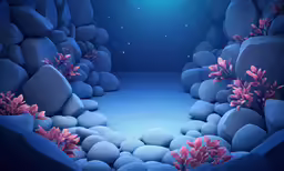 an image of a painting of a night scene with rocks and corals