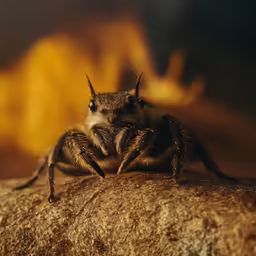 a bee sitting on a rock staring at the camera