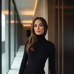 a woman standing against a wall in a black dress