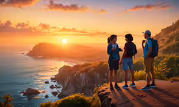 three young people standing on top of a cliff overlooking the ocean,two adults and one child standing at the edge of a cliff looking out at the sunset