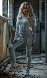a woman poses with two shoes in a very rundown building