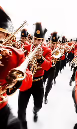 a parade marching band playing instruments down a street