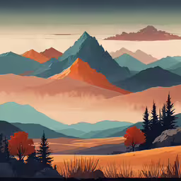 a digital painting depicting mountains in the sky,landscape of mountains with trees and sky in the background