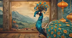 the girl in blue was holding the large bunch of flowers