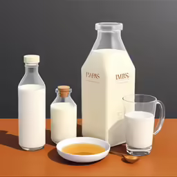 a bowl and bottles are sitting on the table