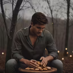 a man grabbing peanuts on a plate near a tree