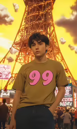 a boy in front of the eiffel tower with neon lights