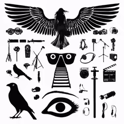 a black and white picture with a bird, eye, and a camera on it