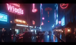 the lights and signs of night on a street